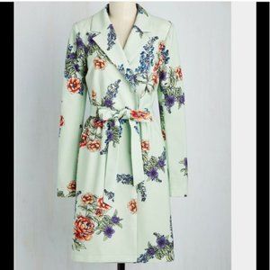 MODCLOTH PROFOUND PIZZAZZ MINT FLORAL TRENCH COAT JACKET